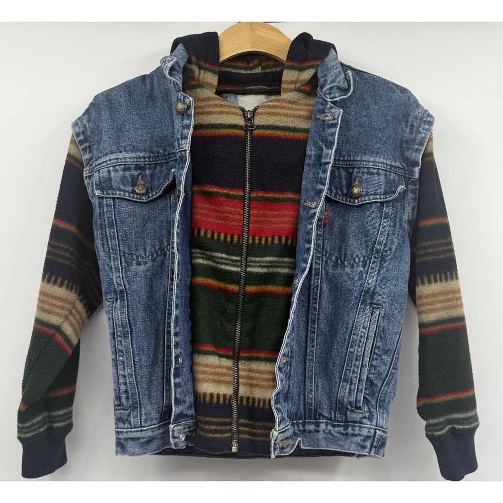 Vintage 90's Bugle Boy Fleece Hoodie Denim Vest Youth SZ Med Aztec Southwestern